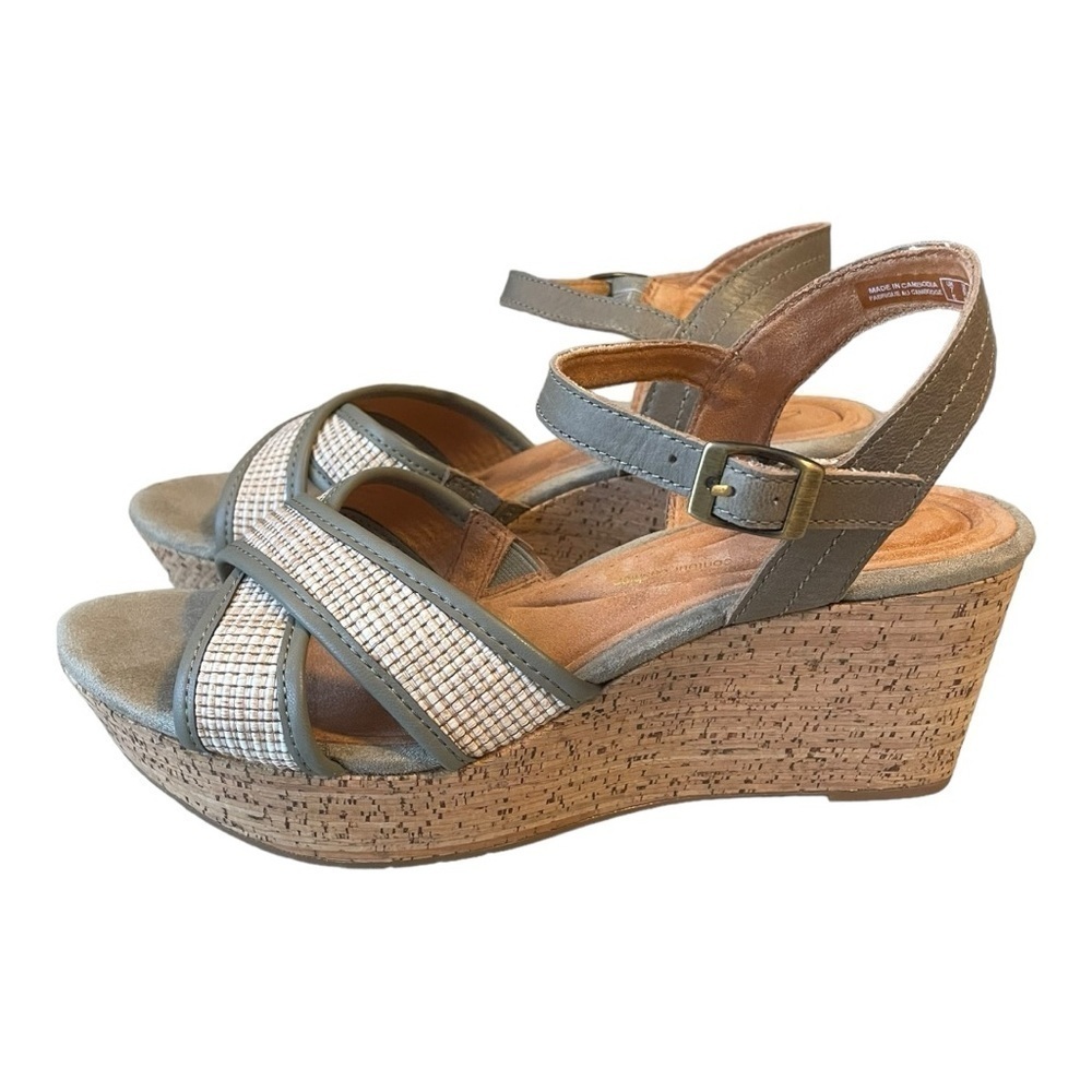 Clarks Womens Elleri Plum Olive Leather Textured Cork Ankle Strap Shoes Sz 9.5 W - Picture 4 of 12